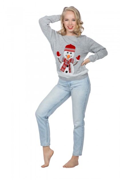 Kersttrui grijs snowman met parels (netto) (V)