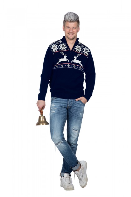 Kersttrui navy met rits reindeer (netto) (V)