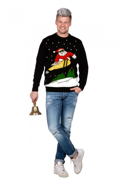 Kersttrui zwart snowboard Santa (netto) (V)